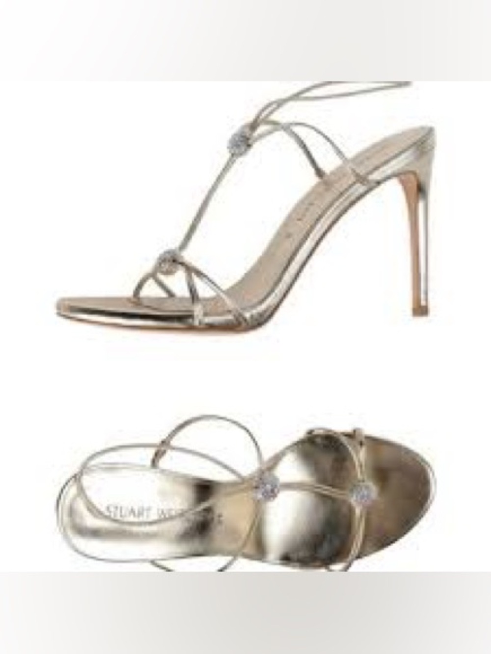 Stuart Weitzman Crystal-Embellished Metallic Gold Strappy Heels – Size 9M